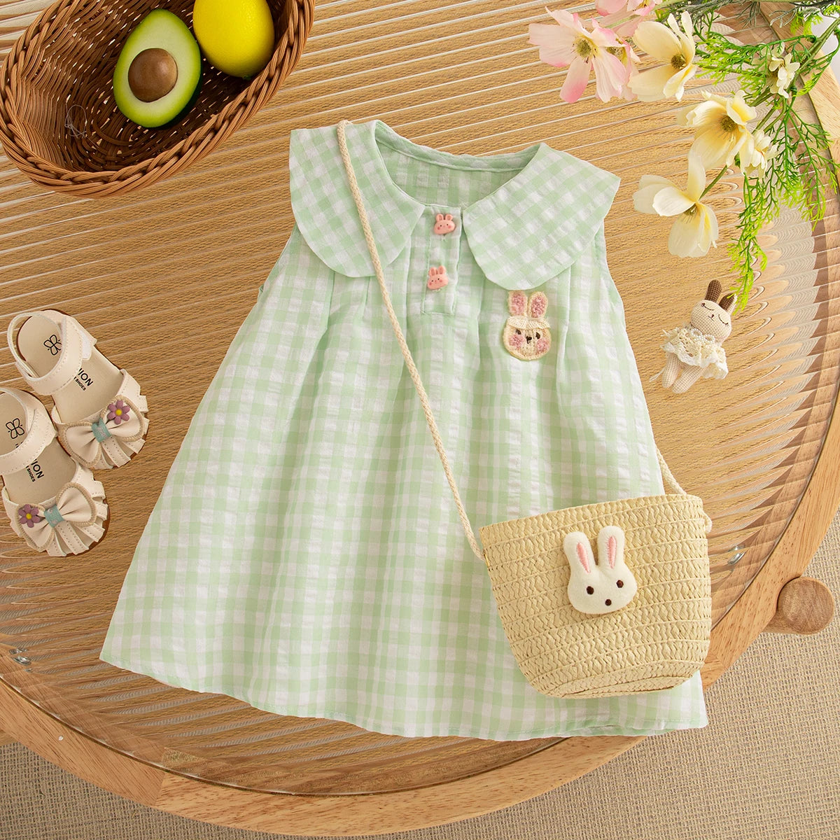 Baby Girl Dress Summer Plaid And Cartoon Pattern Sleeveless Doll Collar Baby Dresses Cute Casual Girl Kid's Dress With Bag LulliFy Kids