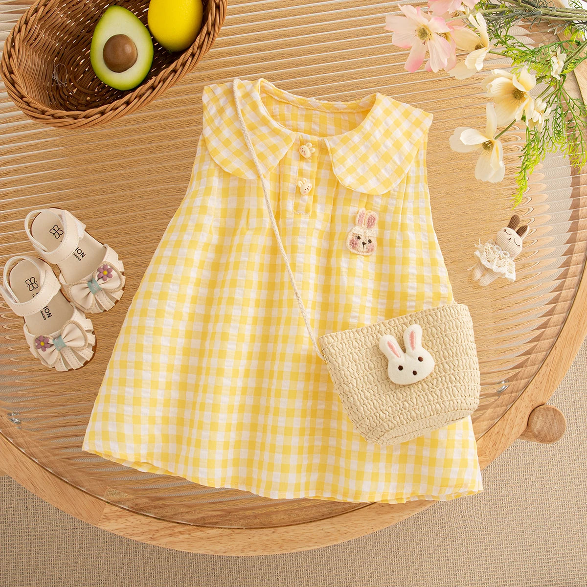 Baby Girl Dress Summer Plaid And Cartoon Pattern Sleeveless Doll Collar Baby Dresses Cute Casual Girl Kid's Dress With Bag LulliFy Kids