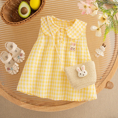 Baby Girl Dress Summer Plaid And Cartoon Pattern Sleeveless Doll Collar Baby Dresses Cute Casual Girl Kid's Dress With Bag LulliFy Kids