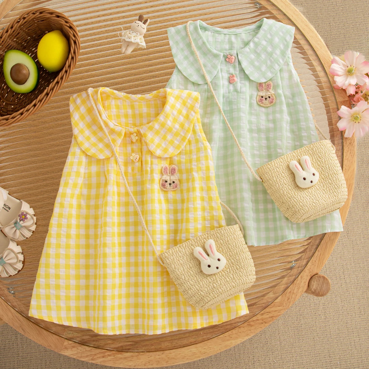 Baby Girl Dress Summer Plaid And Cartoon Pattern Sleeveless Doll Collar Baby Dresses Cute Casual Girl Kid's Dress With Bag LulliFy Kids