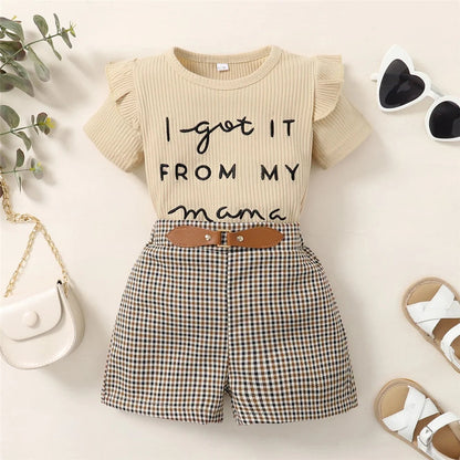 2PCS Toddler Baby Girl Clothes Set Letter Print Short Sleeve Top+Checkered Shorts Summer Fashion Outfit for Kid Girl 1-6 Years LulliFy Kids