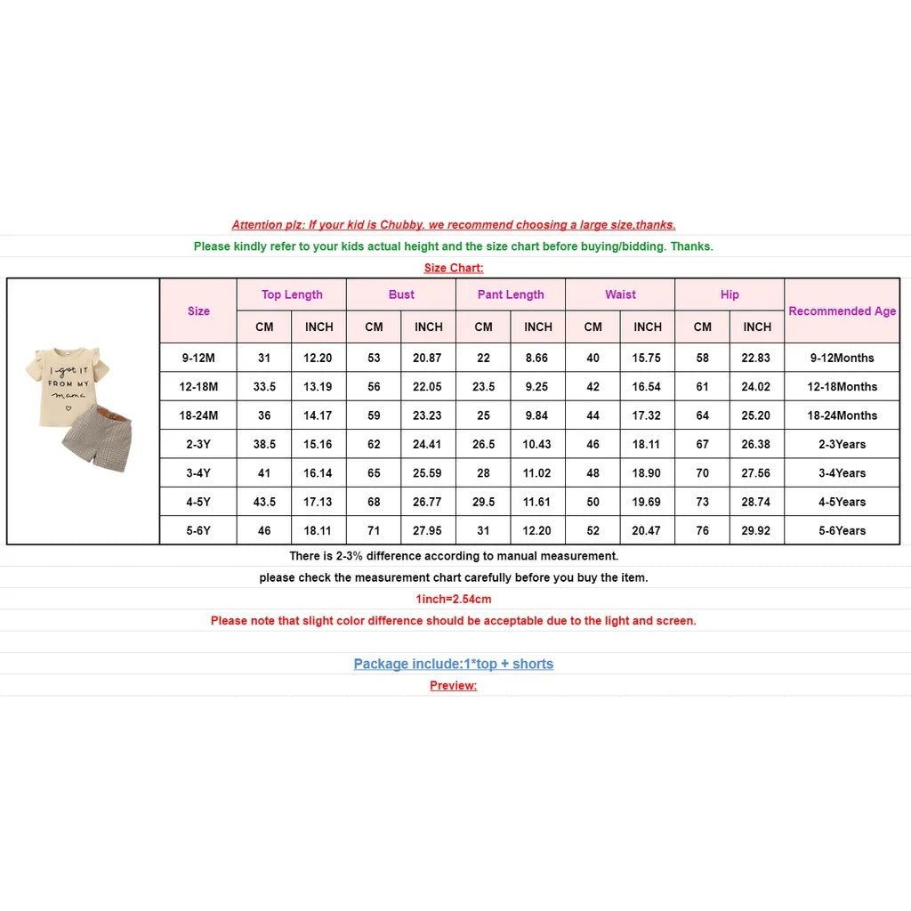 2PCS Toddler Baby Girl Clothes Set Letter Print Short Sleeve Top+Checkered Shorts Summer Fashion Outfit for Kid Girl 1-6 Years LulliFy Kids