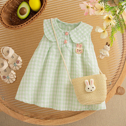 Baby Girl Dress Summer Plaid And Cartoon Pattern Sleeveless Doll Collar Baby Dresses Cute Casual Girl Kid's Dress With Bag LulliFy Kids