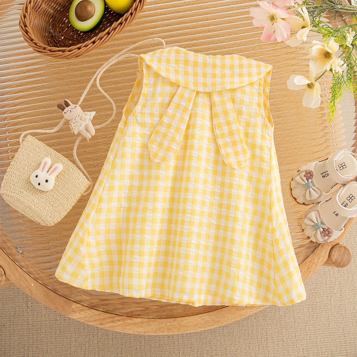 Baby Girl Dress Summer Plaid And Cartoon Pattern Sleeveless Doll Collar Baby Dresses Cute Casual Girl Kid's Dress With Bag LulliFy Kids
