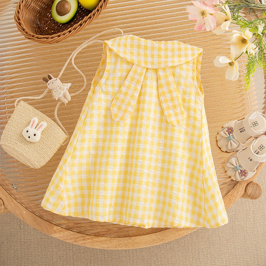Baby Girl Dress Summer Plaid And Cartoon Pattern Sleeveless Doll Collar Baby Dresses Cute Casual Girl Kid's Dress With Bag LulliFy Kids